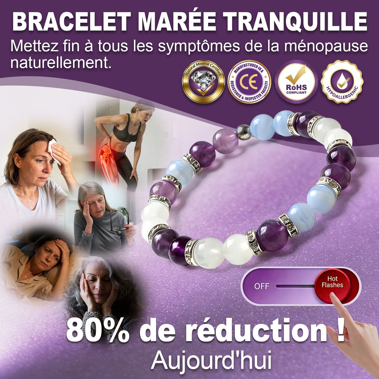 Bracelet Tranquil Tide — Aide à soulager les bouffées de chaleur, les sueurs nocturnes, l’anxiété, les douleurs articulaires, les déséquilibres hormonaux, la prise de poids et la chute de cheveux liée à la ménopause.